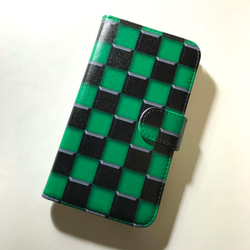 タイル 市松格子 ブロックチェック 緑黒 No.3 iPhone Android ほぼ 全機種対応 スマホケース 手帳型 1枚目の画像
