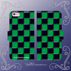 タイル 市松格子 ブロックチェック 緑黒 No.3 iPhone Android ほぼ 全機種対応 スマホケース 手帳型 2枚目の画像