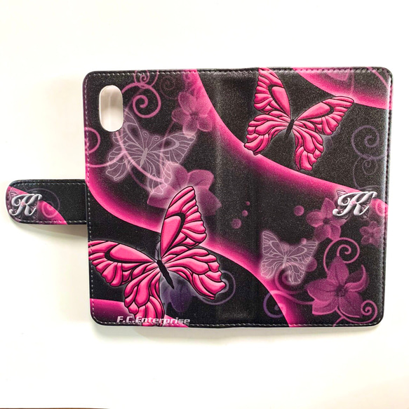 美しい蝶 黒ベース マゼンタ 2 ピンク 和柄 プリント スマートフォン ほぼ 全機種対応 スマホケース 手帳型ケース 2枚目の画像