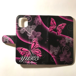 美しい蝶 黒ベース マゼンタ 2 ピンク 和柄 プリント スマートフォン ほぼ 全機種対応 スマホケース 手帳型ケース 4枚目の画像
