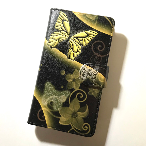 美しい蝶 黒ベース イエロー 3 黄色 和柄 プリント スマートフォン ほぼ 全機種対応 スマホケース 手帳型ケース 1枚目の画像