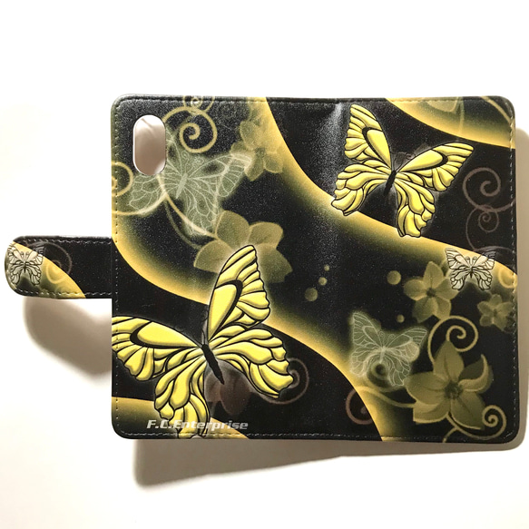 美しい蝶 黒ベース イエロー 3 黄色 和柄 プリント スマートフォン ほぼ 全機種対応 スマホケース 手帳型ケース 2枚目の画像