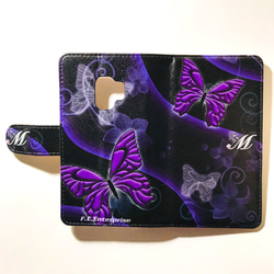 美しい蝶 黒ベース パープル 4 紫色 和柄 プリント スマートフォン ほぼ 全機種対応 スマホケース 手帳型ケース 2枚目の画像