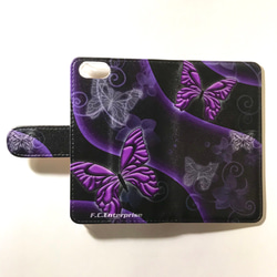 美しい蝶 黒ベース パープル 4 紫色 和柄 プリント スマートフォン ほぼ 全機種対応 スマホケース 手帳型ケース 5枚目の画像