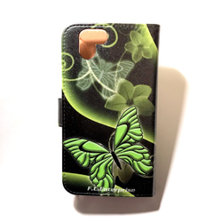 美しい蝶 黒ベース グリーン 6 黄緑色 和柄 プリント スマートフォン ほぼ 全機種対応 スマホケース 手帳型ケース 3枚目の画像