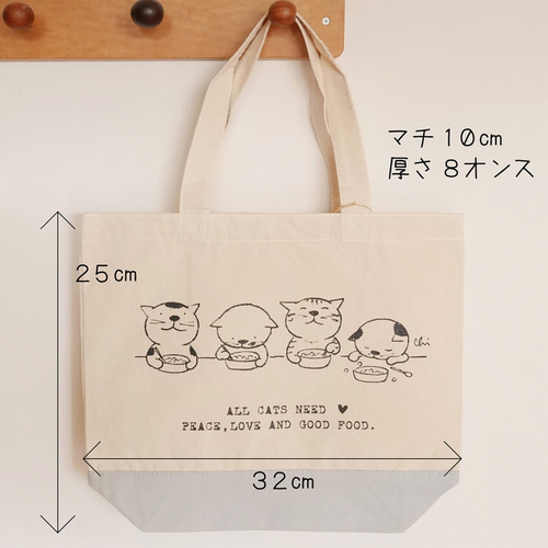 ❁ハンドメイドになります❁ 　Cats リネントートバッグ トートバッグ[にゃんきーとす・ごはん]S ナチュラル×ネイビー