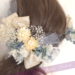 ヘッドドレス ribbon＆SKY 結婚式　成人式　プリザーブドフラワー　ドライフラワー　ドレス　着物　袴　金箔 4枚目の画像