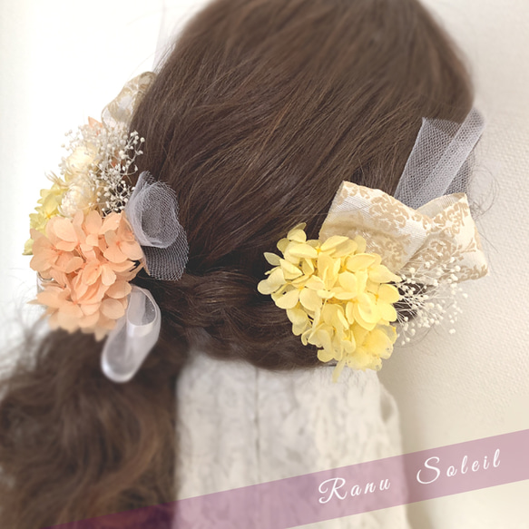 ヘッドドレス ribbon＆yellow 結婚式　卒業式　プリザーブドフラワー　ドライフラワー　ドレス　着物　袴　金箔 4枚目の画像