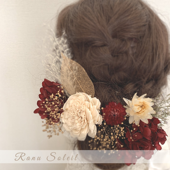 ヘッドドレス　RED＆gold sora  結婚式　卒業式　プリザーブドフラワー　ドライフラワー　ドレス　着物　袴　金箔 1枚目の画像