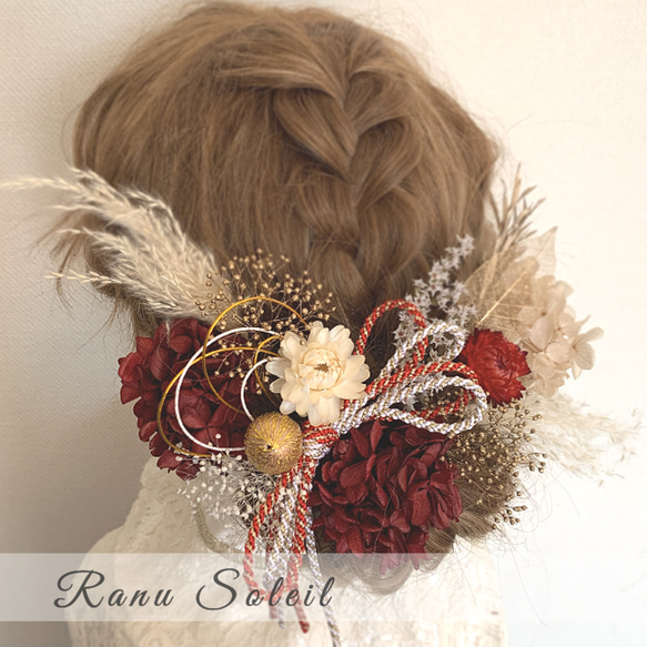 ヘッドドレス　RED＆champagne 結婚式　卒業式　プリザーブドフラワー　ドライフラワー　成人式 2枚目の画像