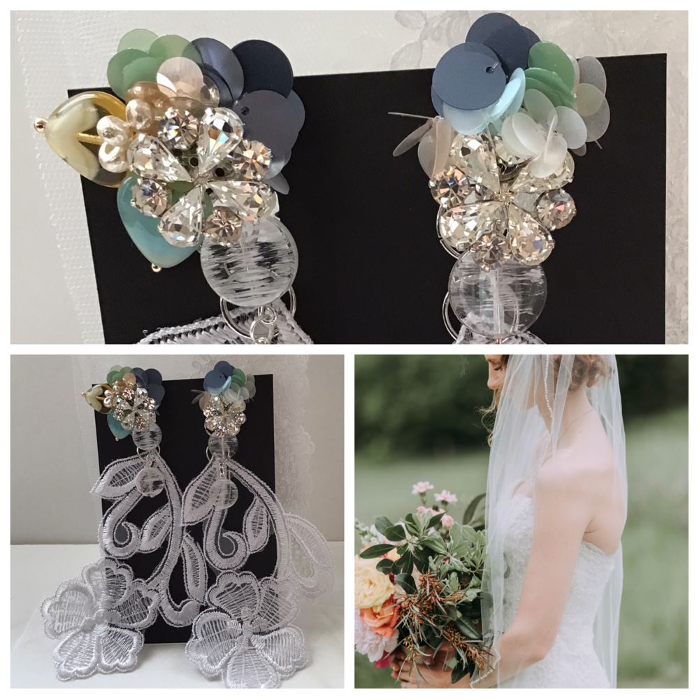 【一点物ブライダルレースを付けて2way】イヤリング　ブルー　お花　結婚式　ウエディング　ブライダル294