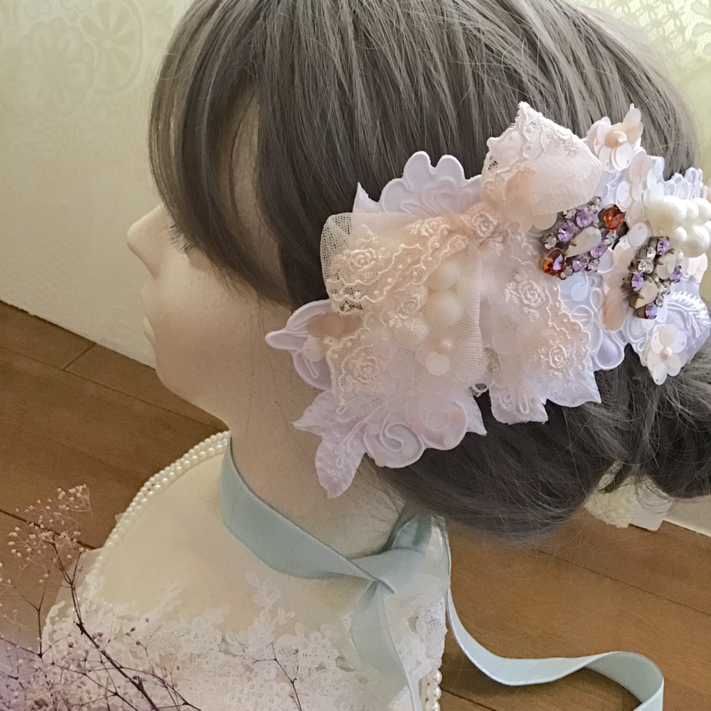 【レトロなヘッドドレス☺︎】ウエディング　ブライダル　結婚式　レース　パール　リボン　ヘアピン　ヘッドドレス　310