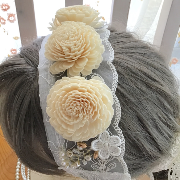 　【国産レースとソラフラワー】ヘアアクセ　白　ウエディング　ブライダル　結婚式　パール　ヘッドドレス　336 4枚目の画像