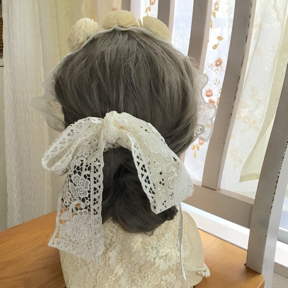 　【国産レースとソラフラワー】ヘアアクセ　白　ウエディング　ブライダル　結婚式　パール　ヘッドドレス　336 6枚目の画像