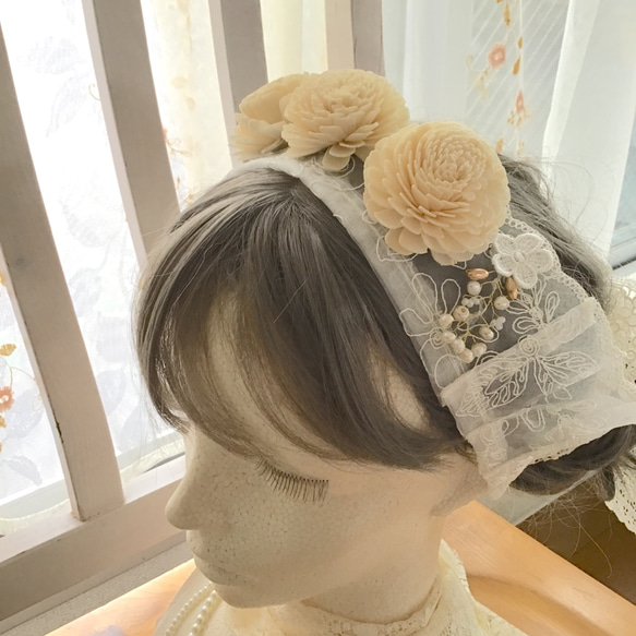 　【国産レースとソラフラワー】ヘアアクセ　白　ウエディング　ブライダル　結婚式　パール　ヘッドドレス　336 8枚目の画像