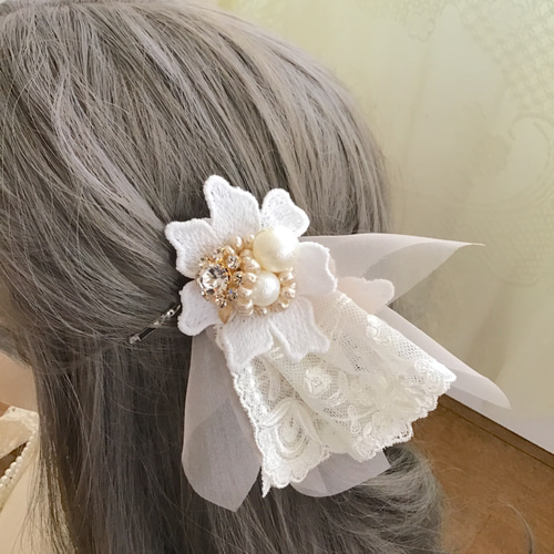 国産レースとビジューのヘッドドレスセット】ヘアアクセ 花