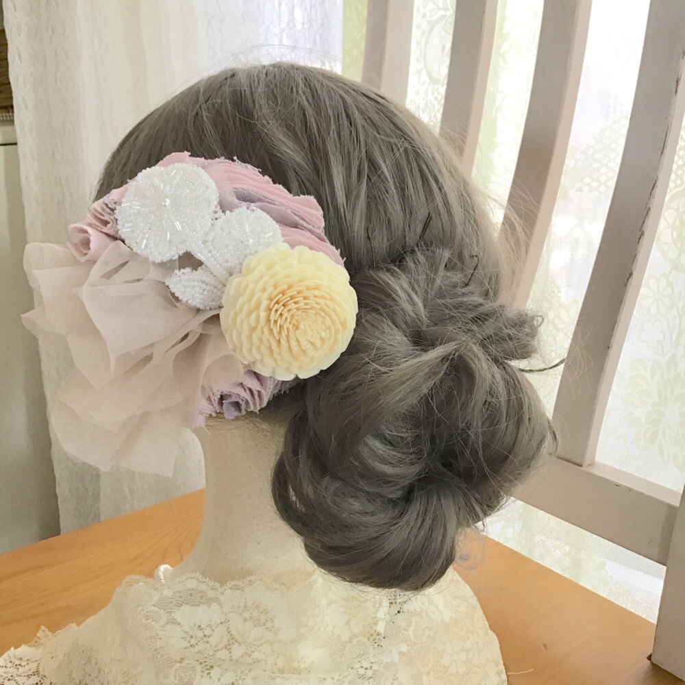 【自然素材☺︎ソラフラワー】ヘッドドレス　ピンク　オーガンジー　花　レース　ウエディング　ブライダル　結婚式343