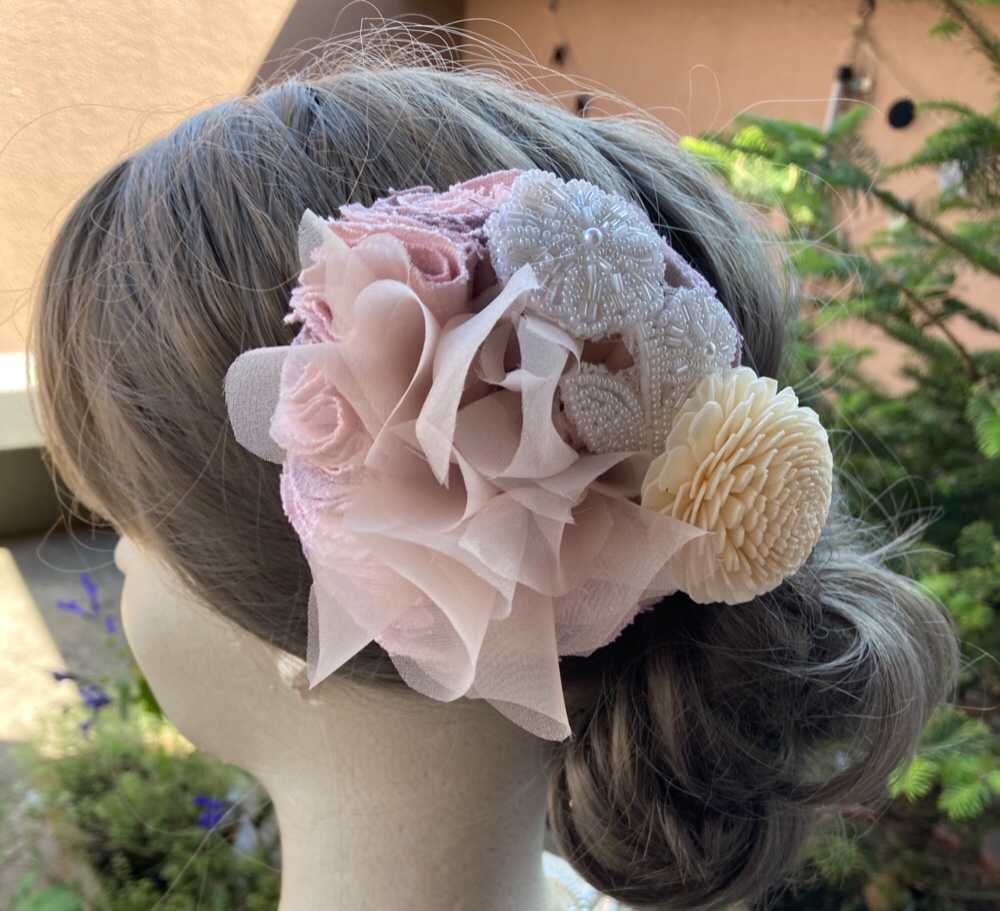 【自然素材☺︎ソラフラワー】ヘッドドレス　ピンク　オーガンジー　花　レース　ウエディング　ブライダル　結婚式343