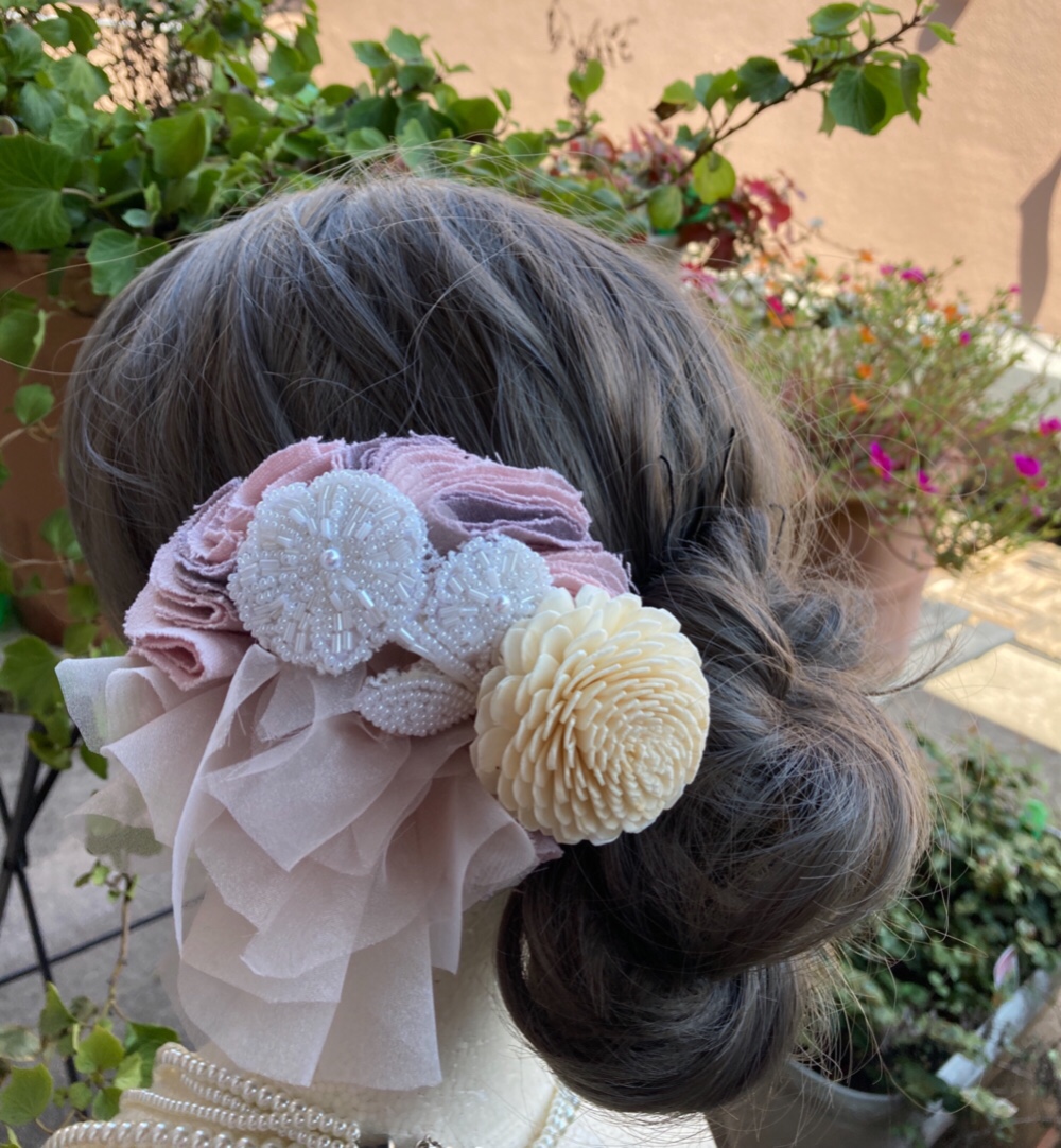 【自然素材☺︎ソラフラワー】ヘッドドレス　ピンク　オーガンジー　花　レース　ウエディング　ブライダル　結婚式343