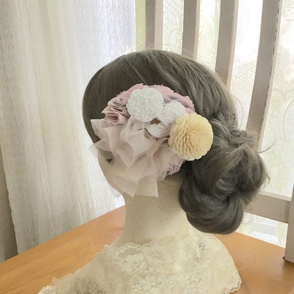 【自然素材☺︎ソラフラワー】ヘッドドレス　ピンク　オーガンジー　花　レース　ウエディング　ブライダル　結婚式343