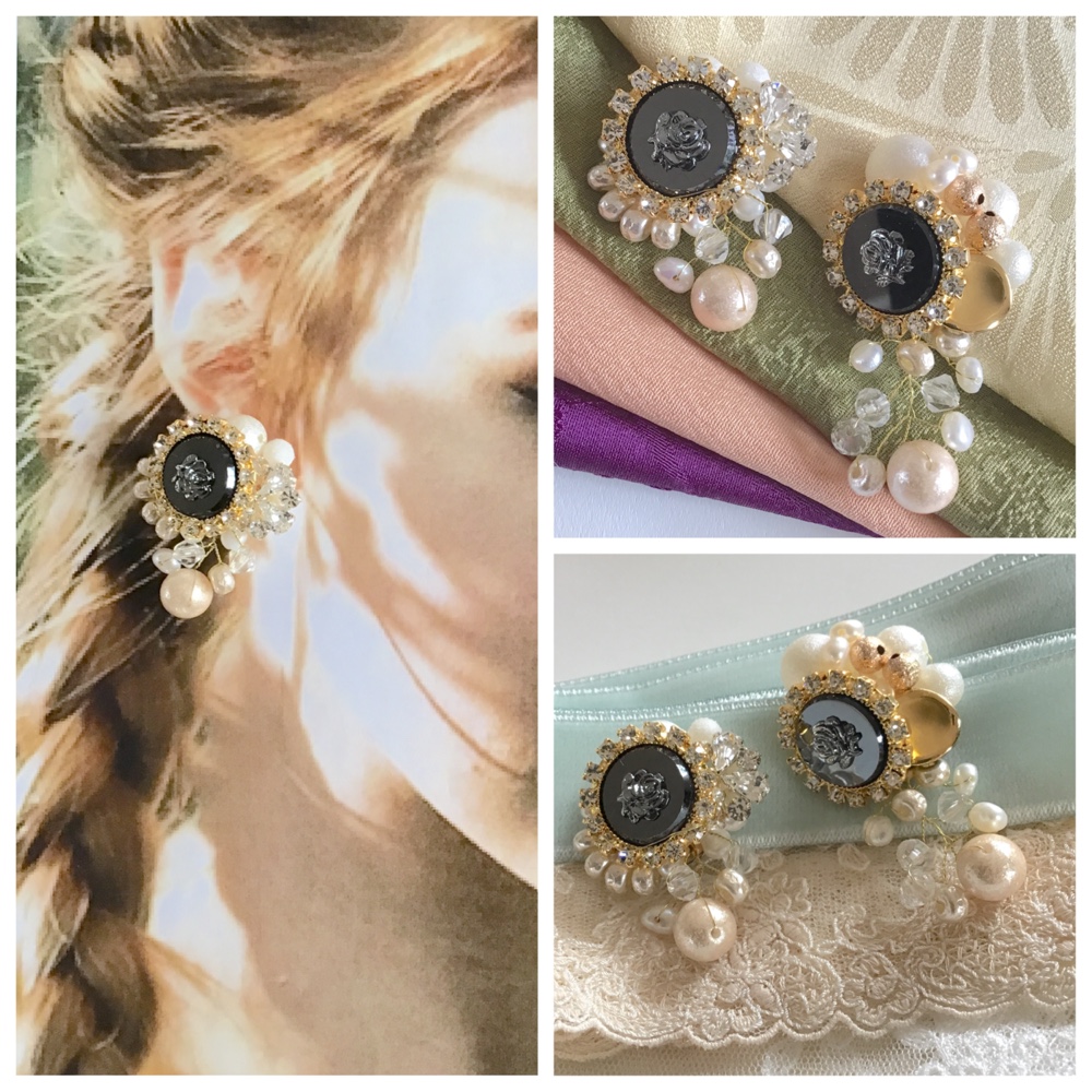 【一点物☺︎】黒とゴールドの大人イヤリング　パール　ブラック　お花　結婚式　ウエディング　ブライダル　結婚式355