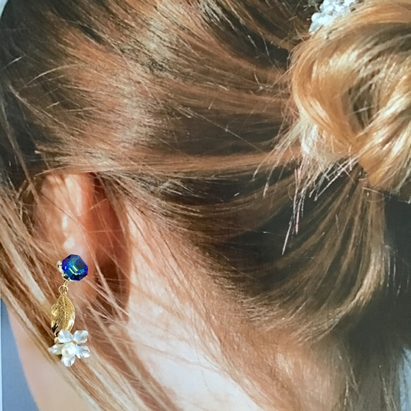 【青のプリンセス】イヤリング　ブルー　ゴールド　パール　お花　結婚式　ウエディング　ブライダル　　結婚式376 7枚目の画像
