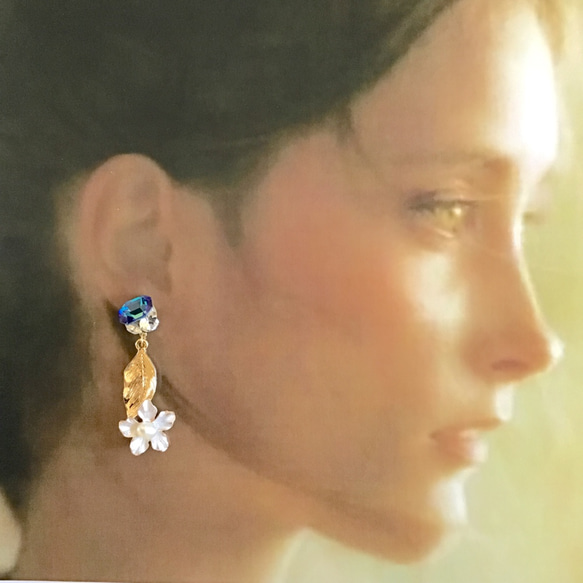 【青のプリンセス】イヤリング　ブルー　ゴールド　パール　お花　結婚式　ウエディング　ブライダル　　結婚式376 8枚目の画像