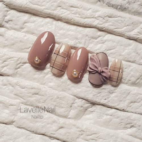 ジェルネイル リボンネイル ピンクグレージュ チェック柄 ネイルチップ  