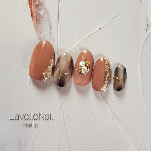 ジェルネイル オレンジブラウン ニュアンスネイル シェルネイル ミラー  