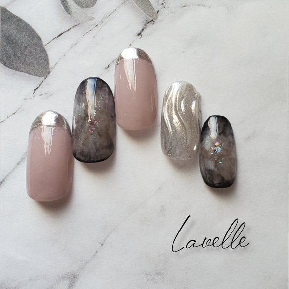 天然石ネイル ニュアンスネイル ミラーネイル ネイルチップオーダー サイズオーダー♡天然石風ニュアンス×ミラーネイルチップ