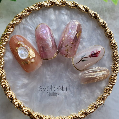 オーダーネイルチップNo.52 ミラーフラワー ラメ オーダーネイルチップ