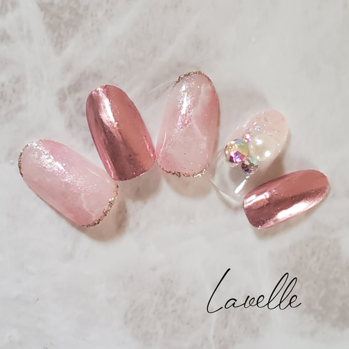 ジェルネイル#天然石ネイル#ピンクミラーネイル#冬ネイル#キラキラ