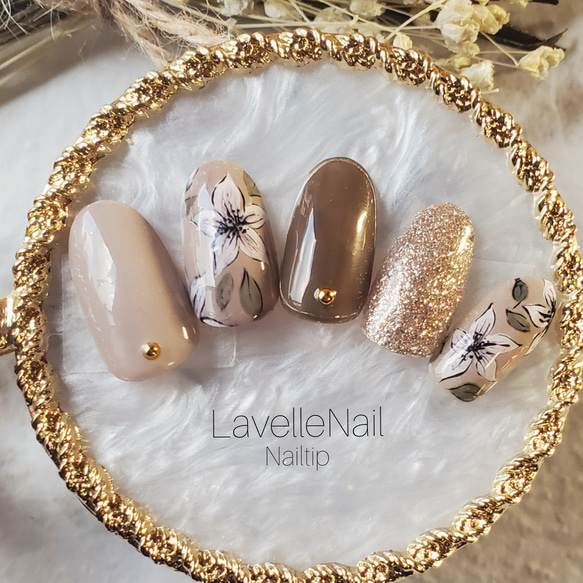 ジェルネイル#フラワーネイル#ニュアンスネイル#ブラウン系#ラメネイル  