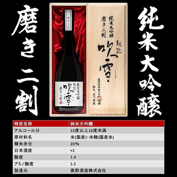 越路吹雪 純米大吟醸 磨き二割 720ml 桐箱入 限定品 辛口 お酒 日本酒 新潟 高野酒造 5枚目の画像