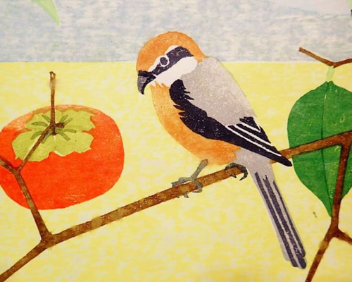 木版画 四季の野鳥シリーズ 秋「佇む秋」モズ 版画 兵頭裕彦