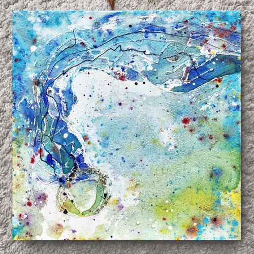 加藤將信　「クラゲが押し寄せた日」　抽象油彩画　手作り、白のフレーム１０号 ☆クラゲの空間 油絵 抽象画 油彩画 フレーム付き 送料無料 絵画 木の