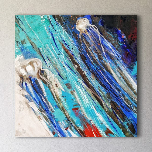☆深海のジェリーフィッシュ 油絵 抽象画 油彩画 フレーム付き 送料