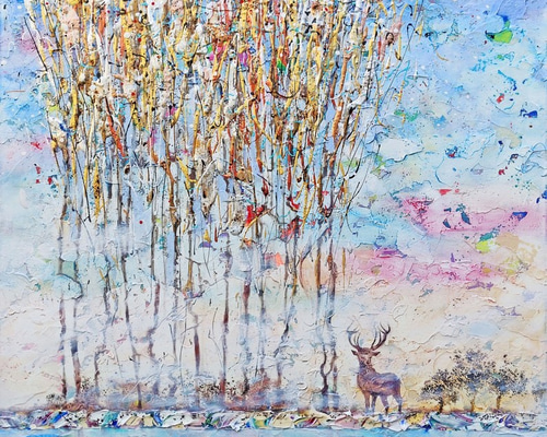 鹿の親子 F25油彩画 風景画 oil painting art 鹿の親子 F25油彩画 風景画