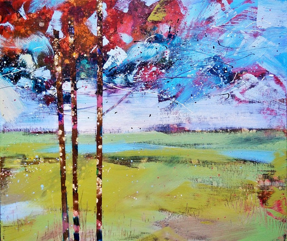 ☆秋の辉きの木 抽象画 油彩画 フレーム付き 送料無料 絵画 木の心