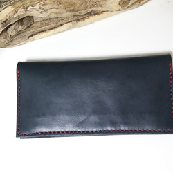 レザー長財布 (ブラック、黒) 大人のシンプルデザイン カラーシニュー糸使用 1枚目の画像
