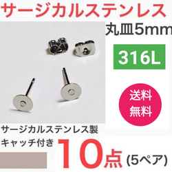 （10個　5ペア）　316L サージカルステンレス　平皿5mm ピアス　シルバー 1枚目の画像