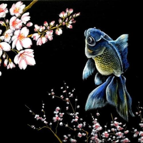 アクリル画 桜・青金魚 送料無料 絵画 kaoriko 通販 8110929