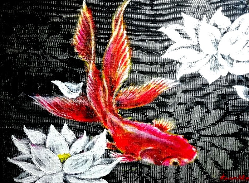 グランドホールセール アクリル画】富をもたらす金魚【絵画