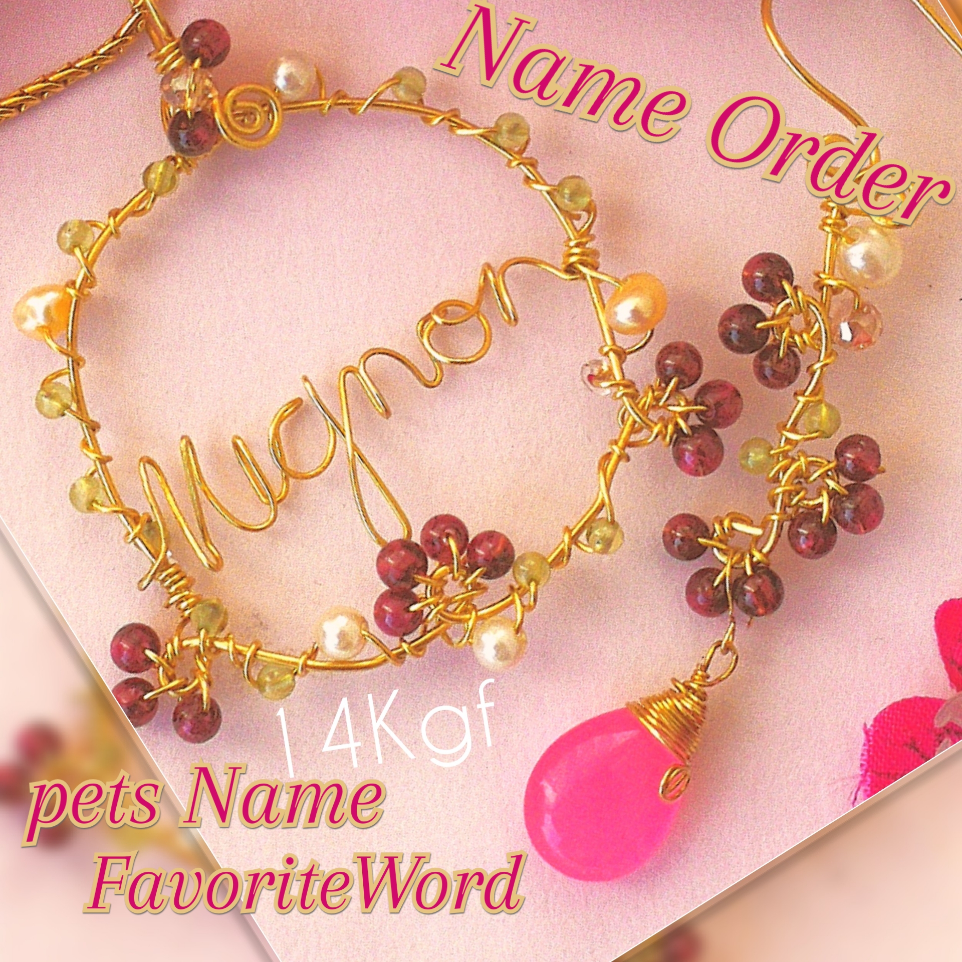 14kgf ネームオーダー ガーネット ネックレス ピアス✧名前好きな言葉