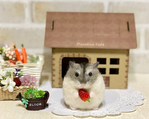 ②ジャンガリアンハムスター＆イチゴ◇羊毛フェルト イチゴもぐもぐ* ノーマルカラー ジャンガリアンハムスター