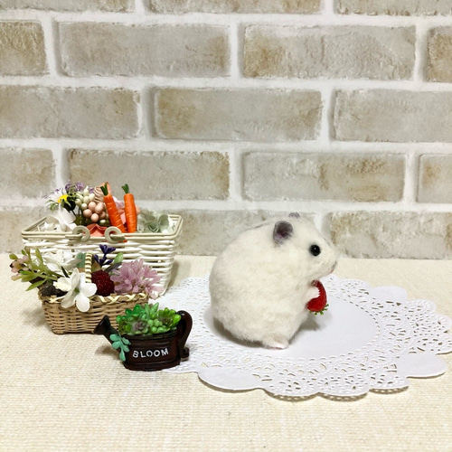 ②ジャンガリアンハムスター＆イチゴ◇羊毛フェルト イチゴもぐもぐ* 大福みたいなパールホワイト ジャンガリアン