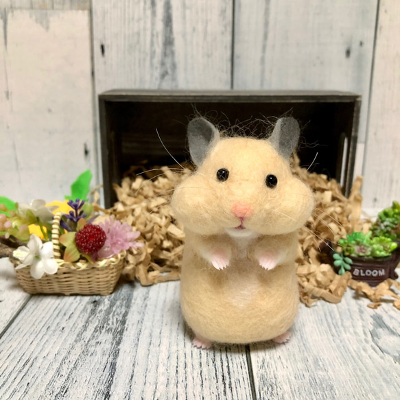 羊毛フェルト　ハムちゃん キンハム 子ハム　ほっぺぷっくり ぽっちゃりハム *ほっぺパンパン キンクマハムスター* 10㎝ 羊毛