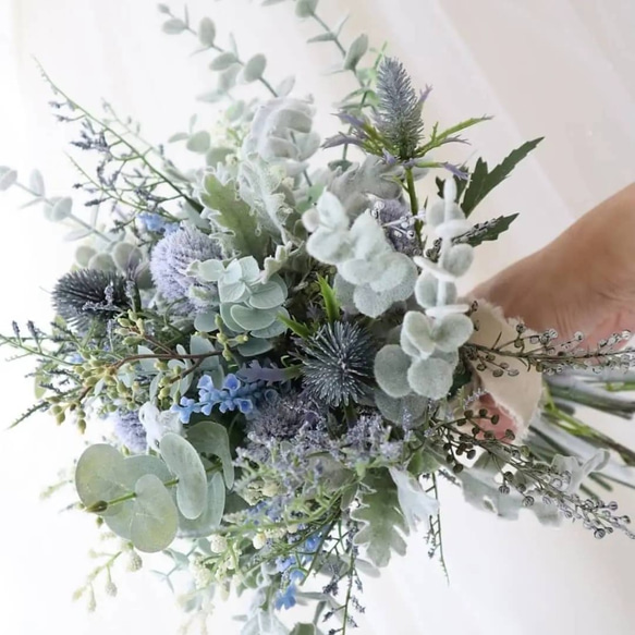 抜け感のあるくすみブルーブーケ ウエディング 結婚式 高級造花