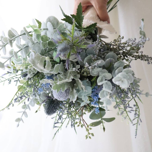 抜け感のあるくすみブルーブーケ ウエディング 結婚式 高級造花