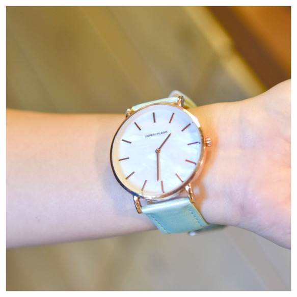 【パールホワイトが可愛い】腕時計 シンプル ライム レディース レザー クリスマスに♪ 1枚目の画像